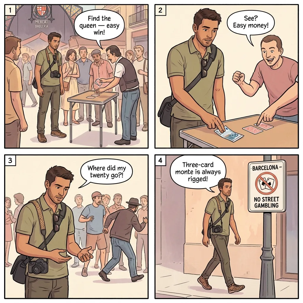 Three-Card Monte on La Rambla — comic illustration