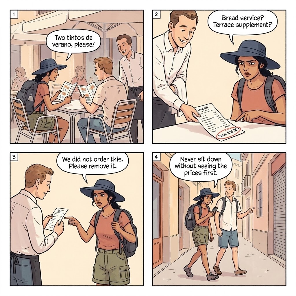 Barcelona Gothic Quarter restaurant comic. waiter taking card to back of house while tourists wait at sidewalk table