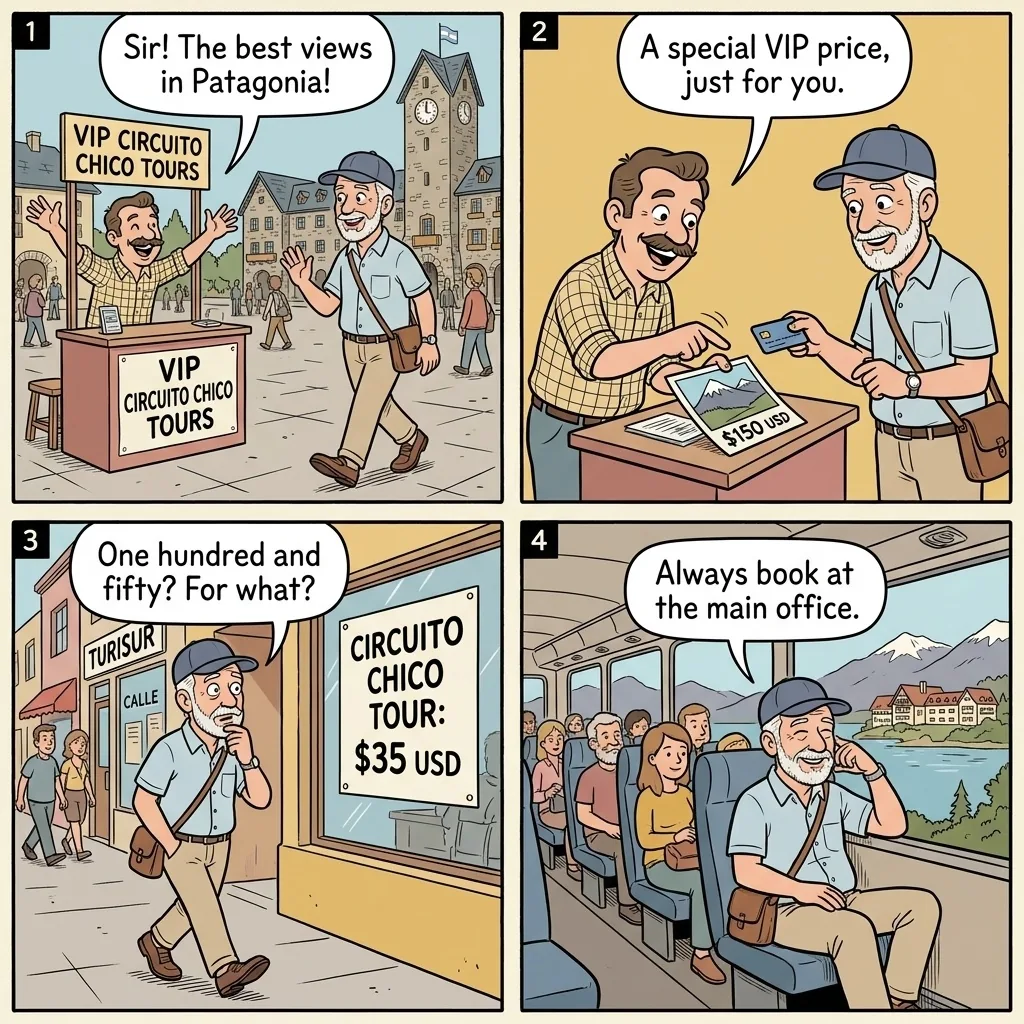 Bariloche Circuito Chico Tour Package & Centro Cívico Pickpocket — comic illustration