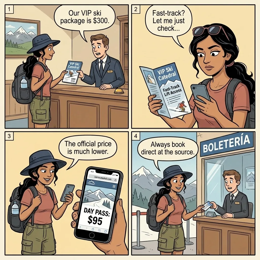 Bariloche Cerro Catedral Ski Resort & Lift-Pass Reseller Scam — comic illustration