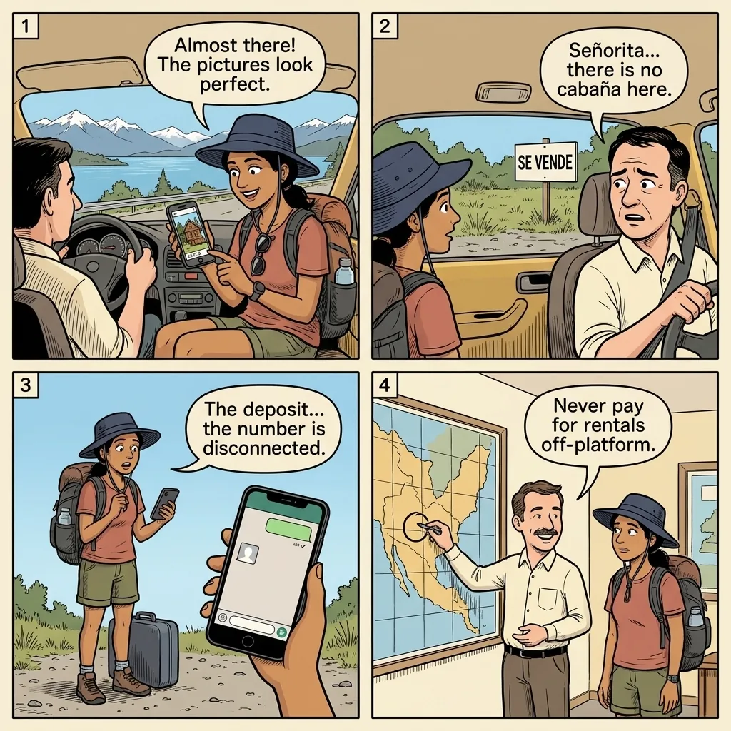 Bariloche Hotel & Cabaña Off-Platform Rental Fraud — comic illustration