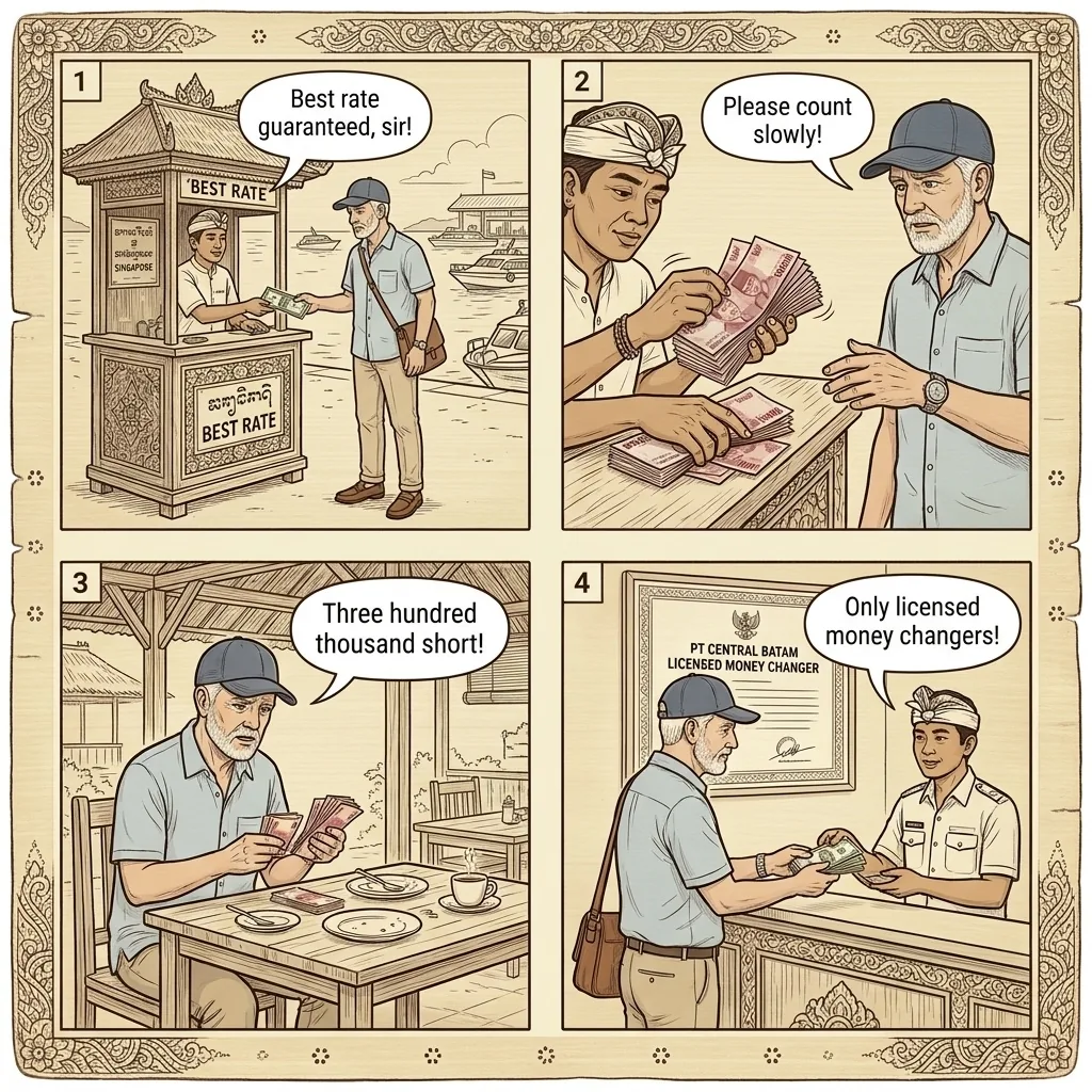 Batam Money Changer Sleight-of-Hand & Street-Corner Exchange Fraud — comic illustration