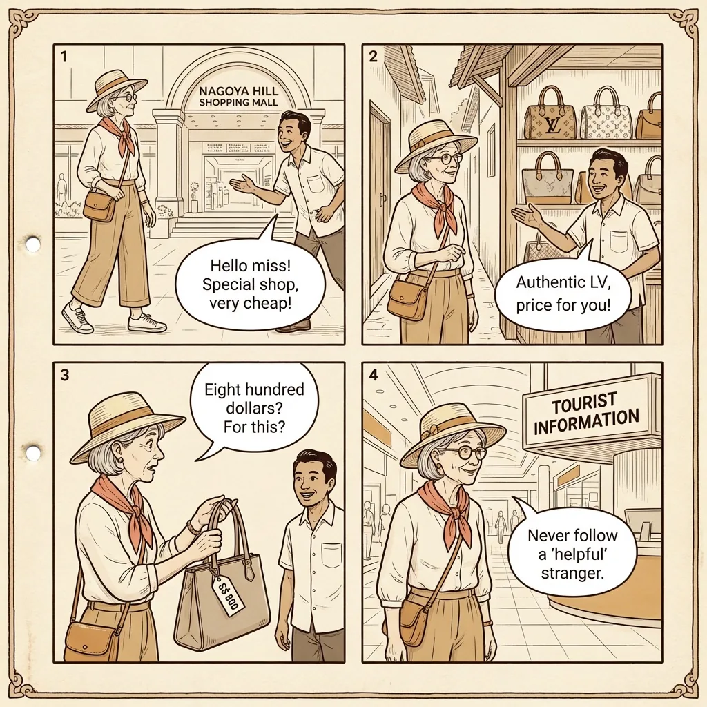 Batam Duty-Free / Shopping Mall Street Tout Commission Scam — comic illustration