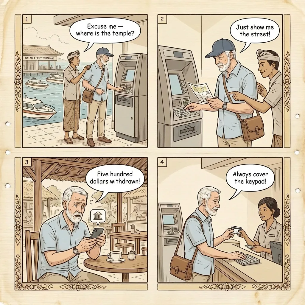 Batam ATM Skimming & Credit Card Fraud — comic illustration