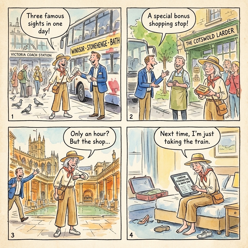 Bath-to-Stonehenge Coach-Tour Package 'Shopping Stop' Scam — comic illustration