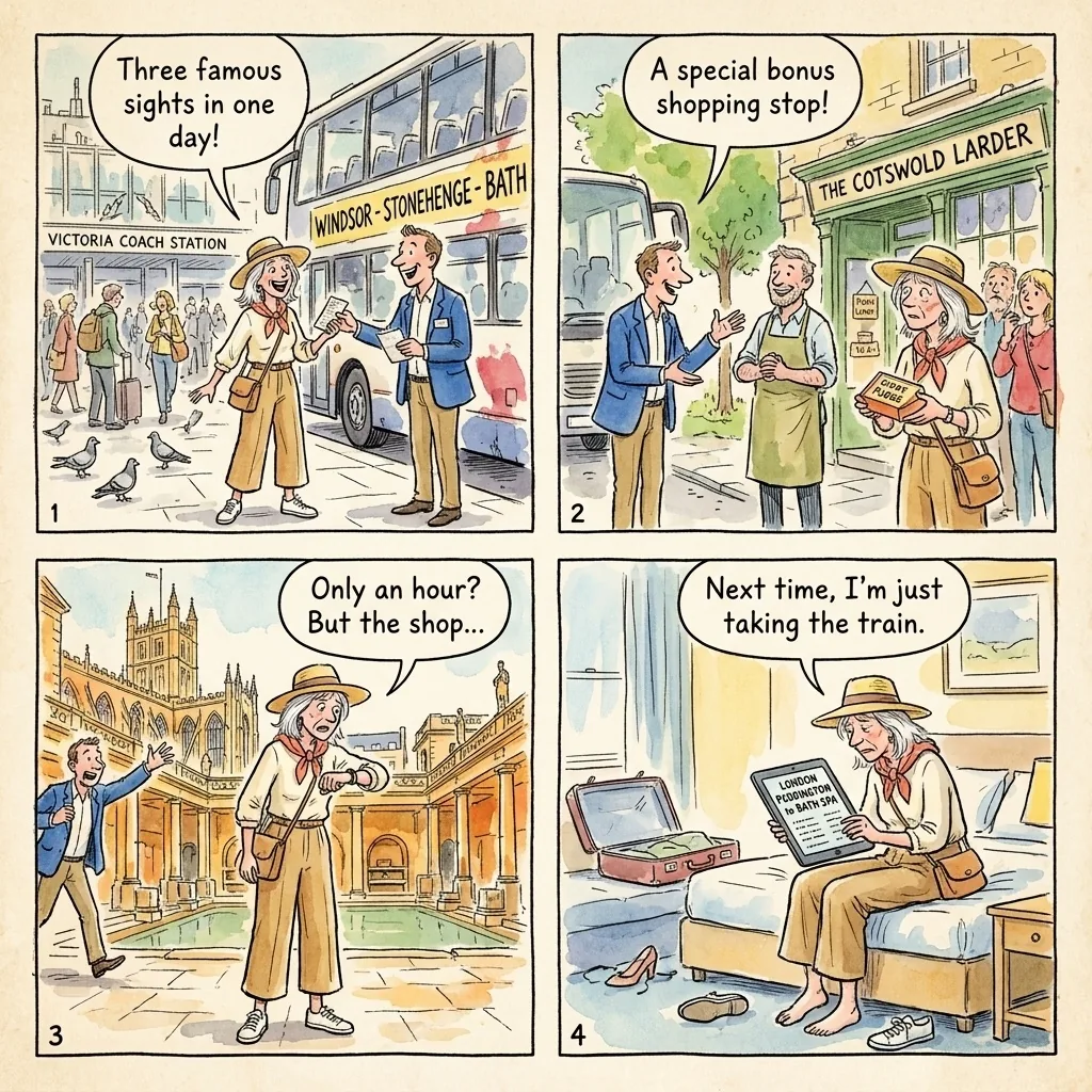 Bath-to-Stonehenge Coach-Tour Package 'Shopping Stop' Scam — comic illustration