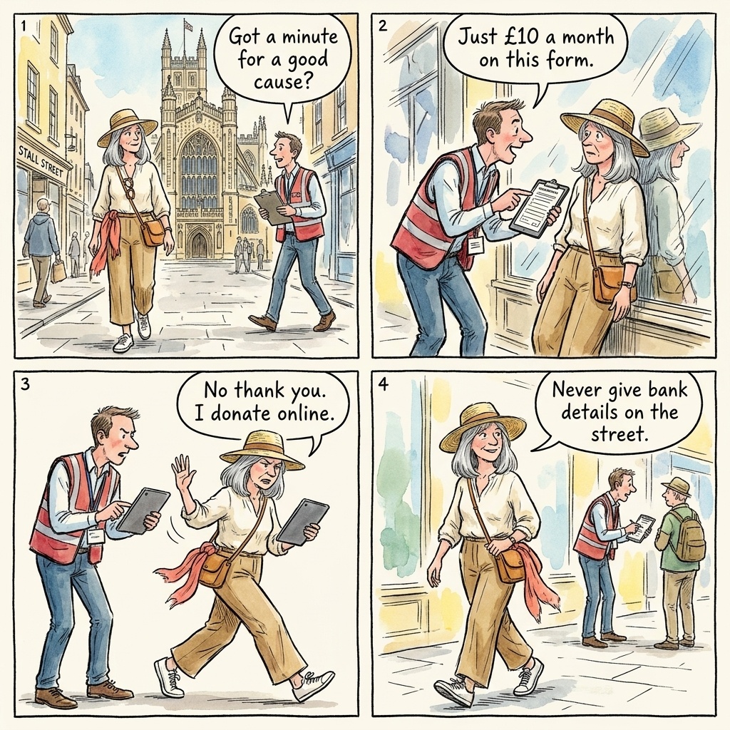 Bath Stall Street Aggressive 'Fundraiser' / Chugger Scam — comic illustration