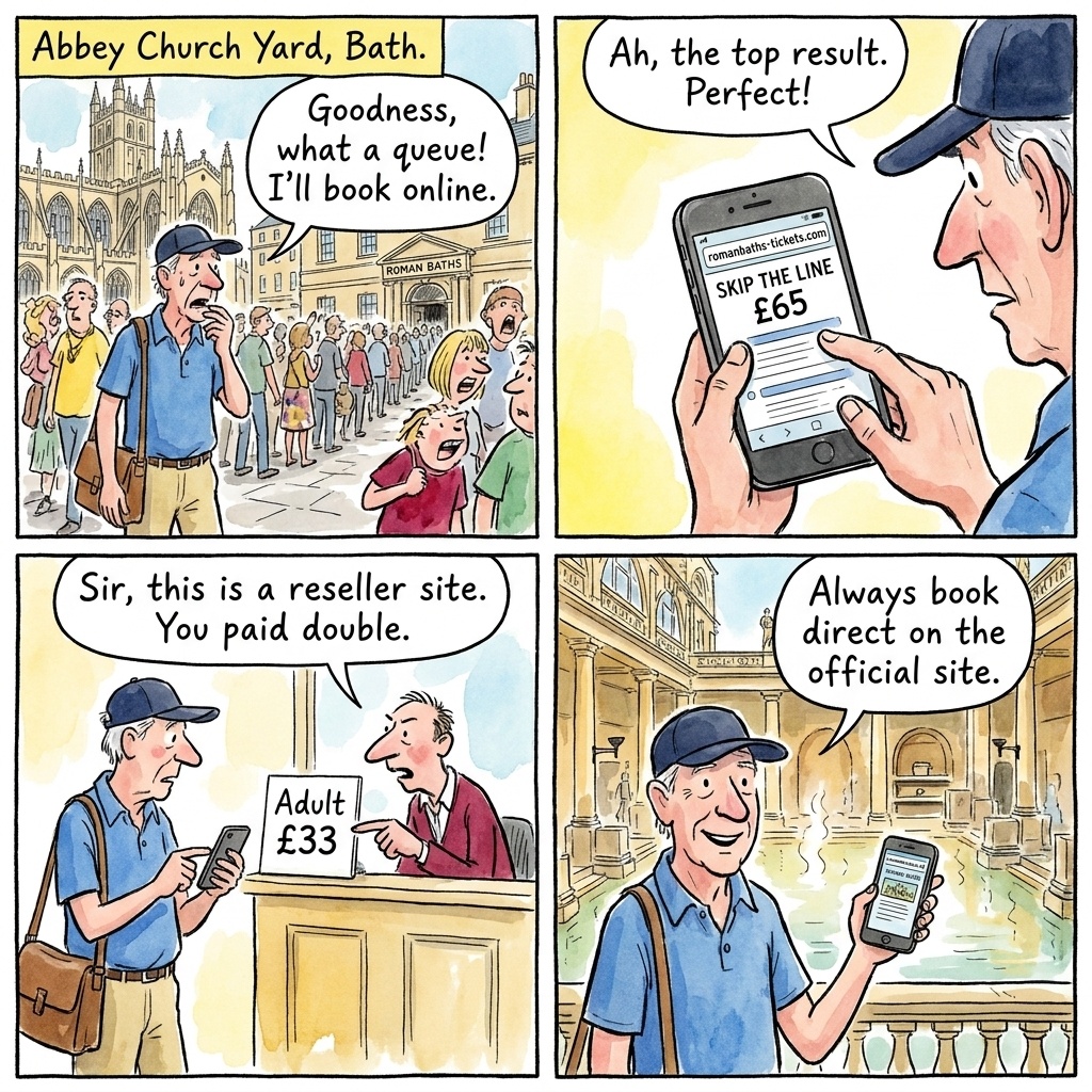 Roman Baths Coach-Tour Skip-the-Line Reseller Fraud — comic illustration