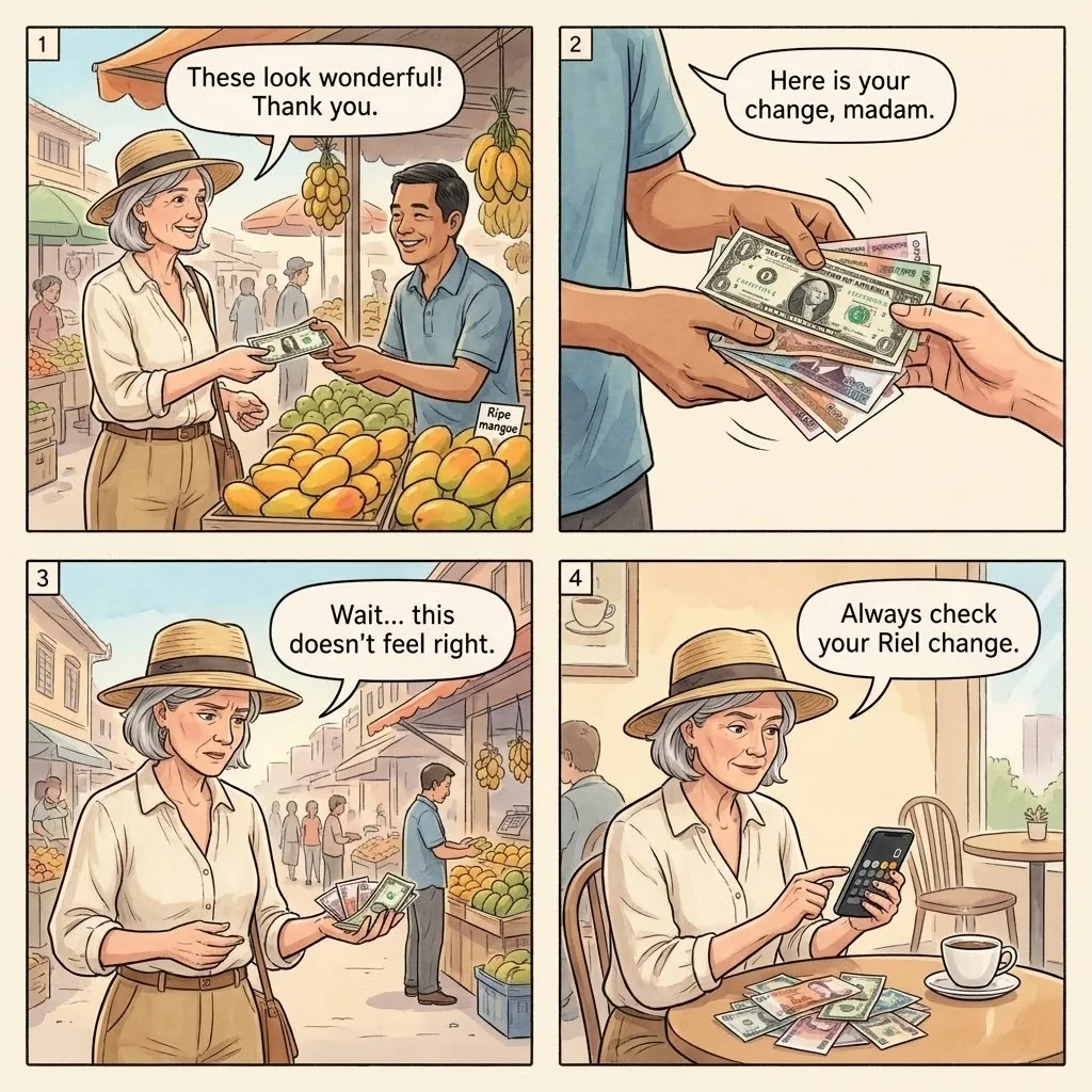 The Psar Nat Dollar-Riel Change Confusion — comic illustration