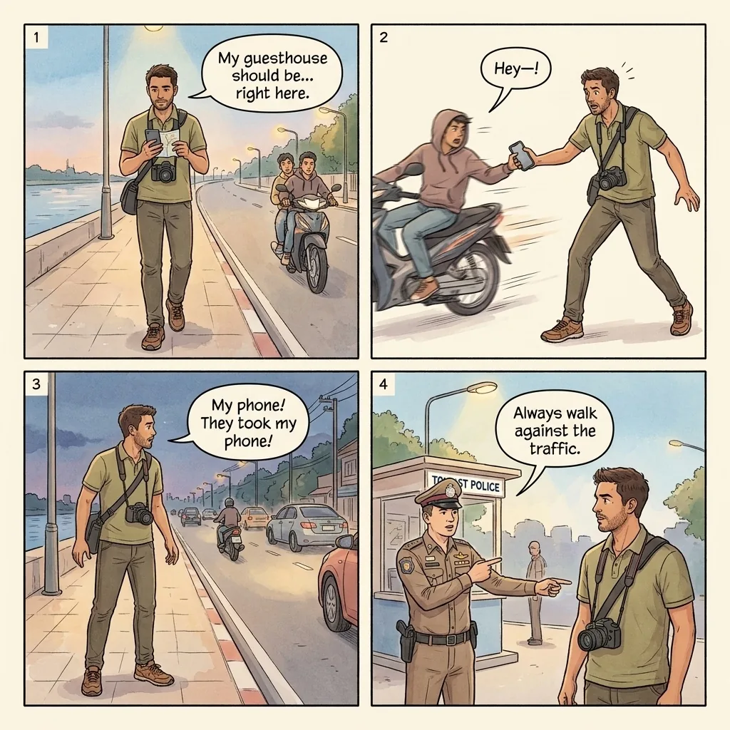 The Battambang Riverside Motorbike Bag-Snatch — comic illustration
