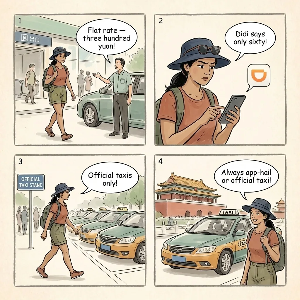 Airport Black Taxi & Daxing Scam — comic illustration