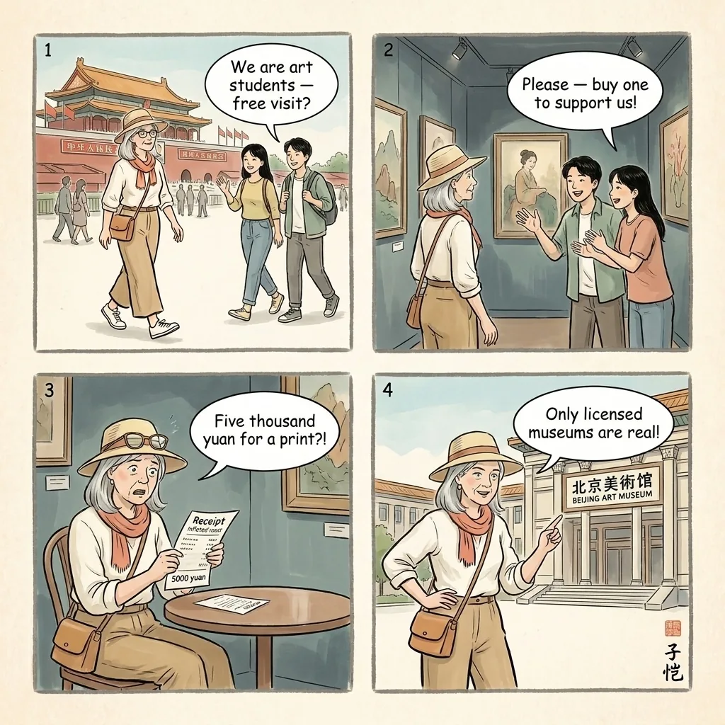 Art Student / Art Teacher Gallery Trap — comic illustration