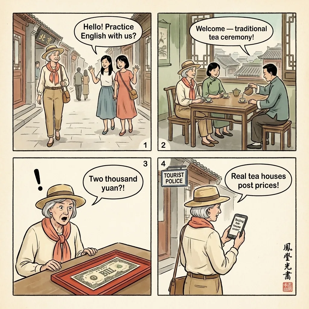 Wangfujing & Qianmen Tea House Scam — comic illustration