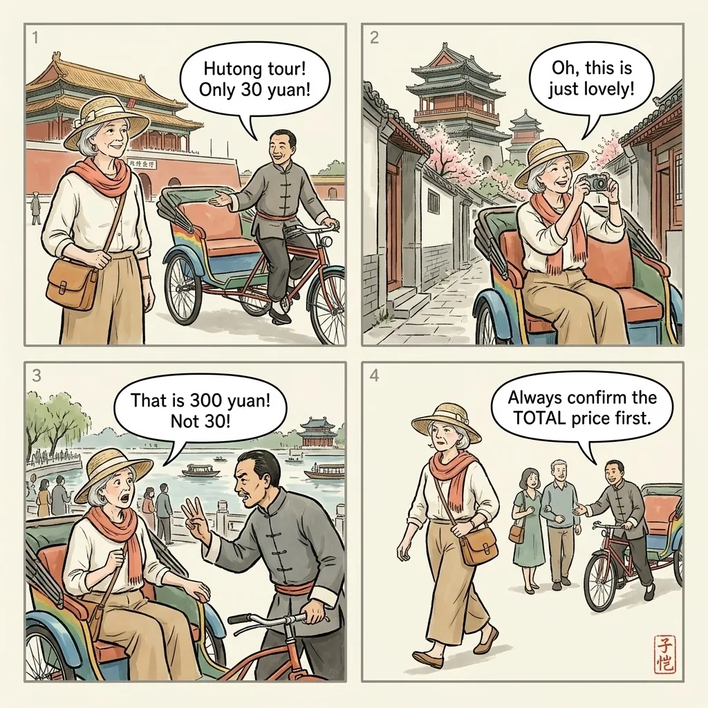 Forbidden City Trishaw / Rickshaw Price Flip — comic illustration
