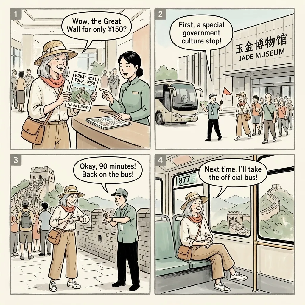 Great Wall Fake Ticket & 'All-Inclusive' Budget Tour — comic illustration