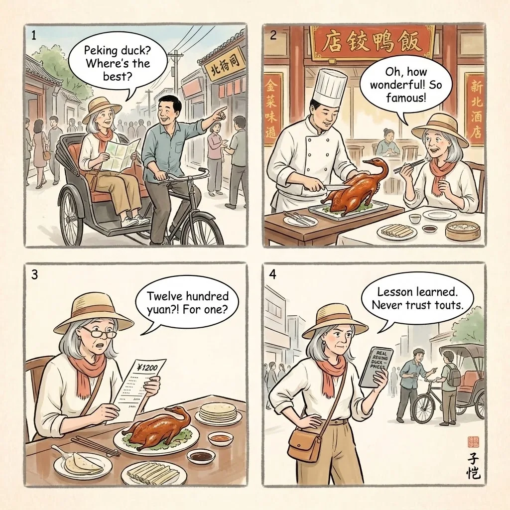 Fake Peking Duck 'Famous Restaurant' Swap — comic illustration