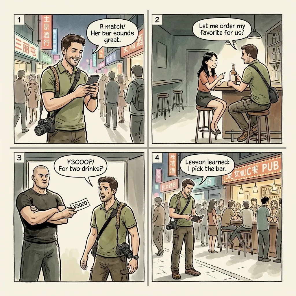 Sanlitun Tinder / Dating App Bar Trap — comic illustration
