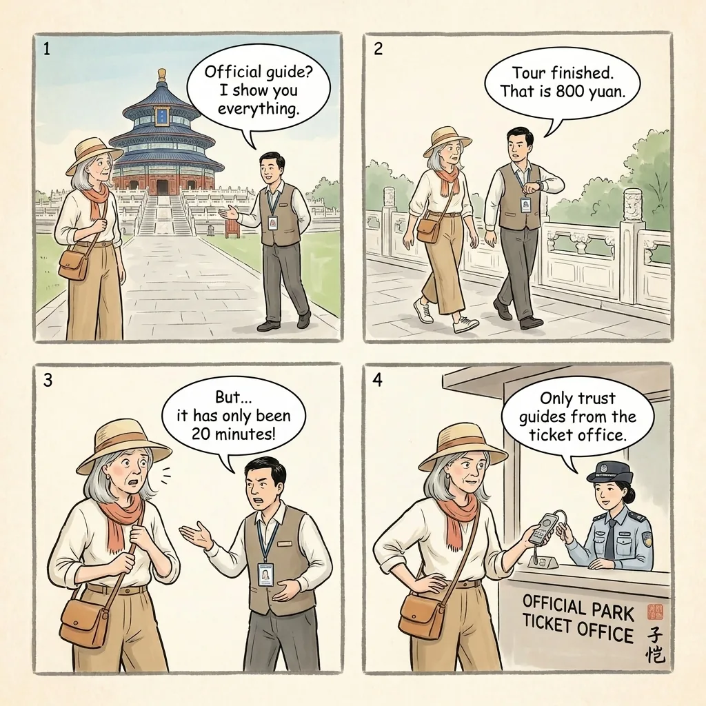 Temple of Heaven & Summer Palace Fake Guide Ambush — comic illustration