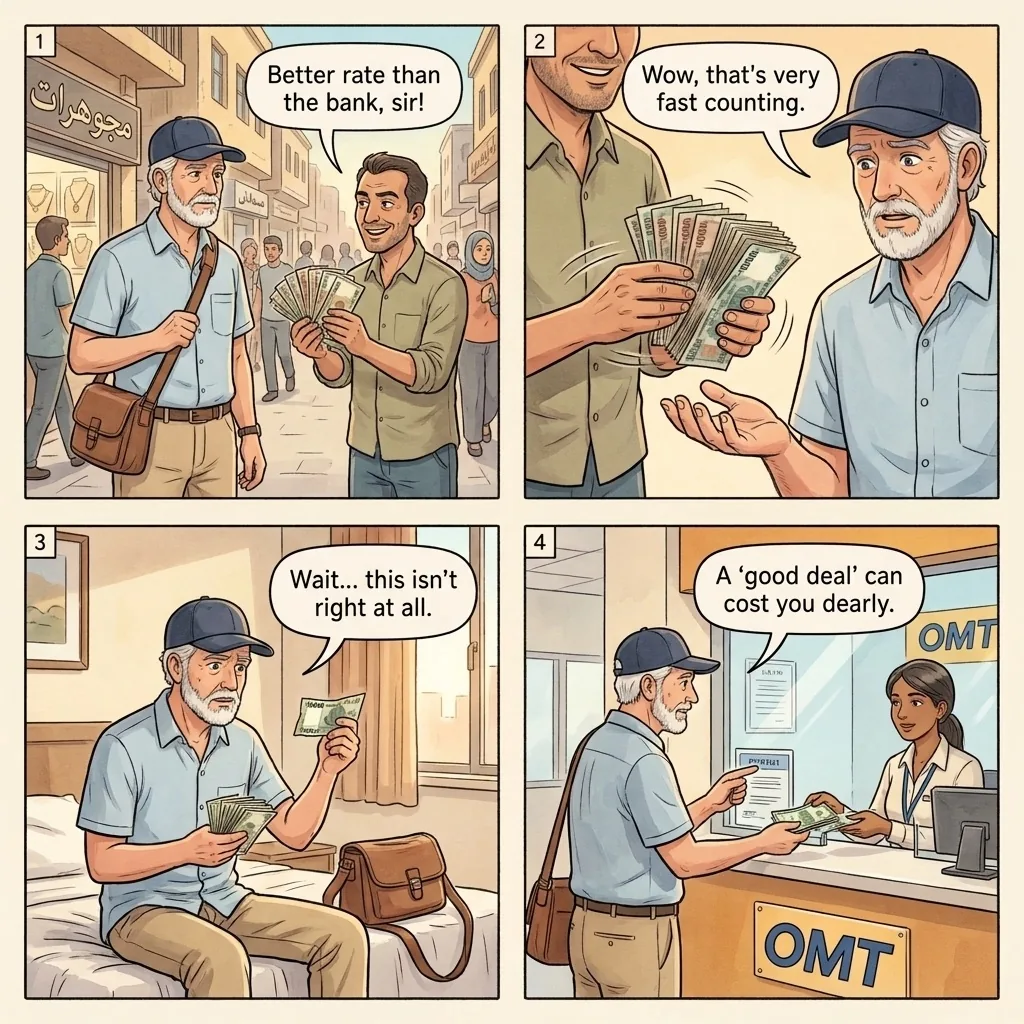 The Hamra Street Lira Hand-Off — comic illustration