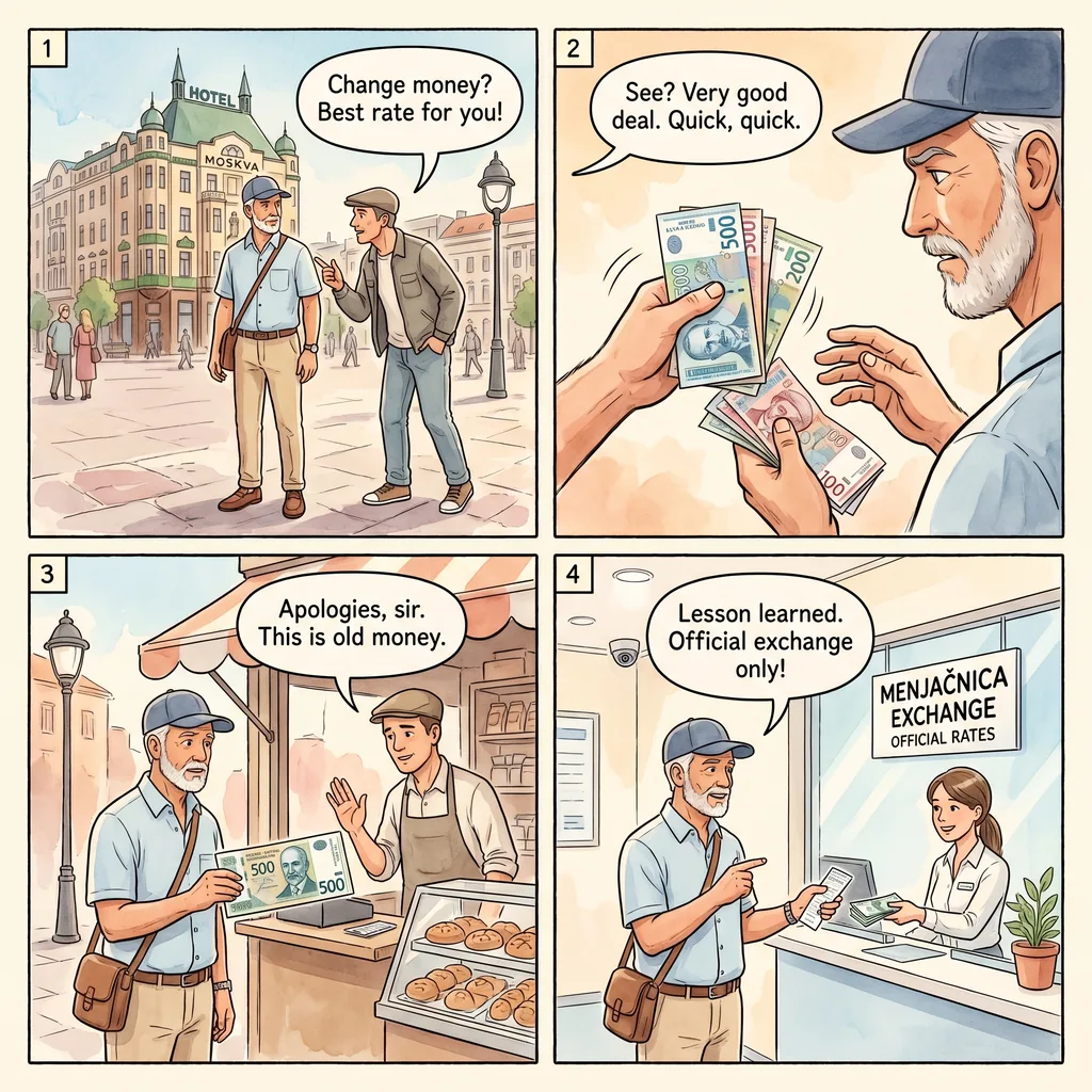 Currency Exchange Street Hustle — comic illustration