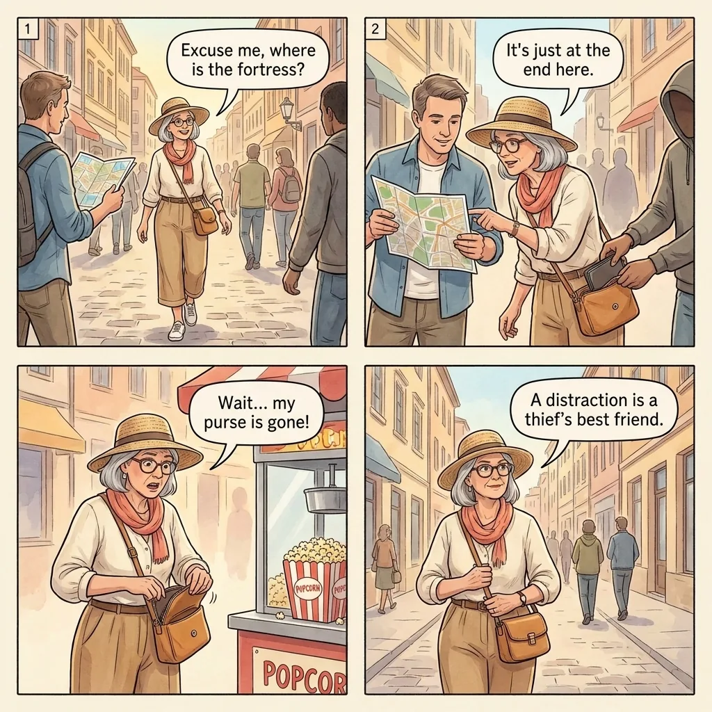 Pickpocket Teams at Zeleni Venac & Knez Mihailova — comic illustration