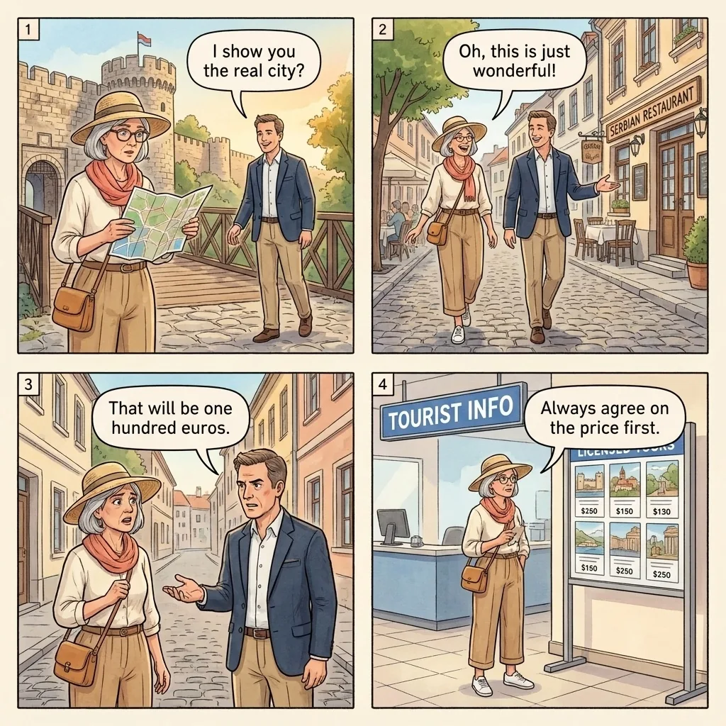 Fake Sightseeing Tour Overcharge — comic illustration