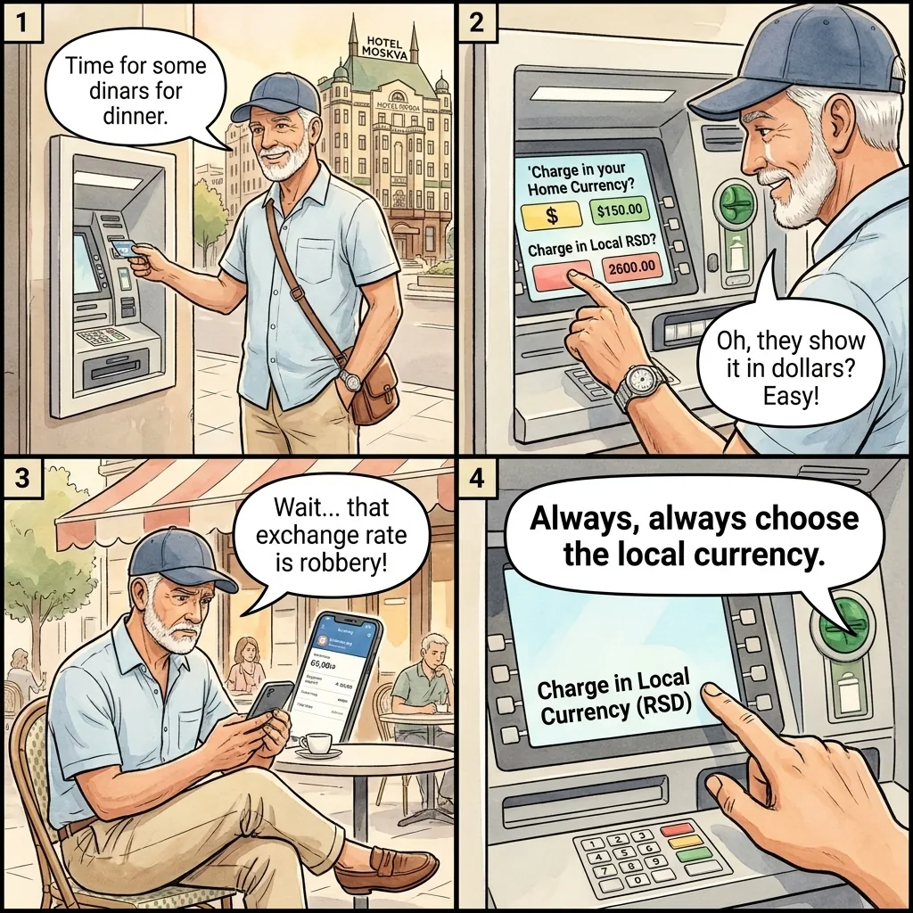 ATM Card Skimming & Dynamic Currency Conversion — comic illustration
