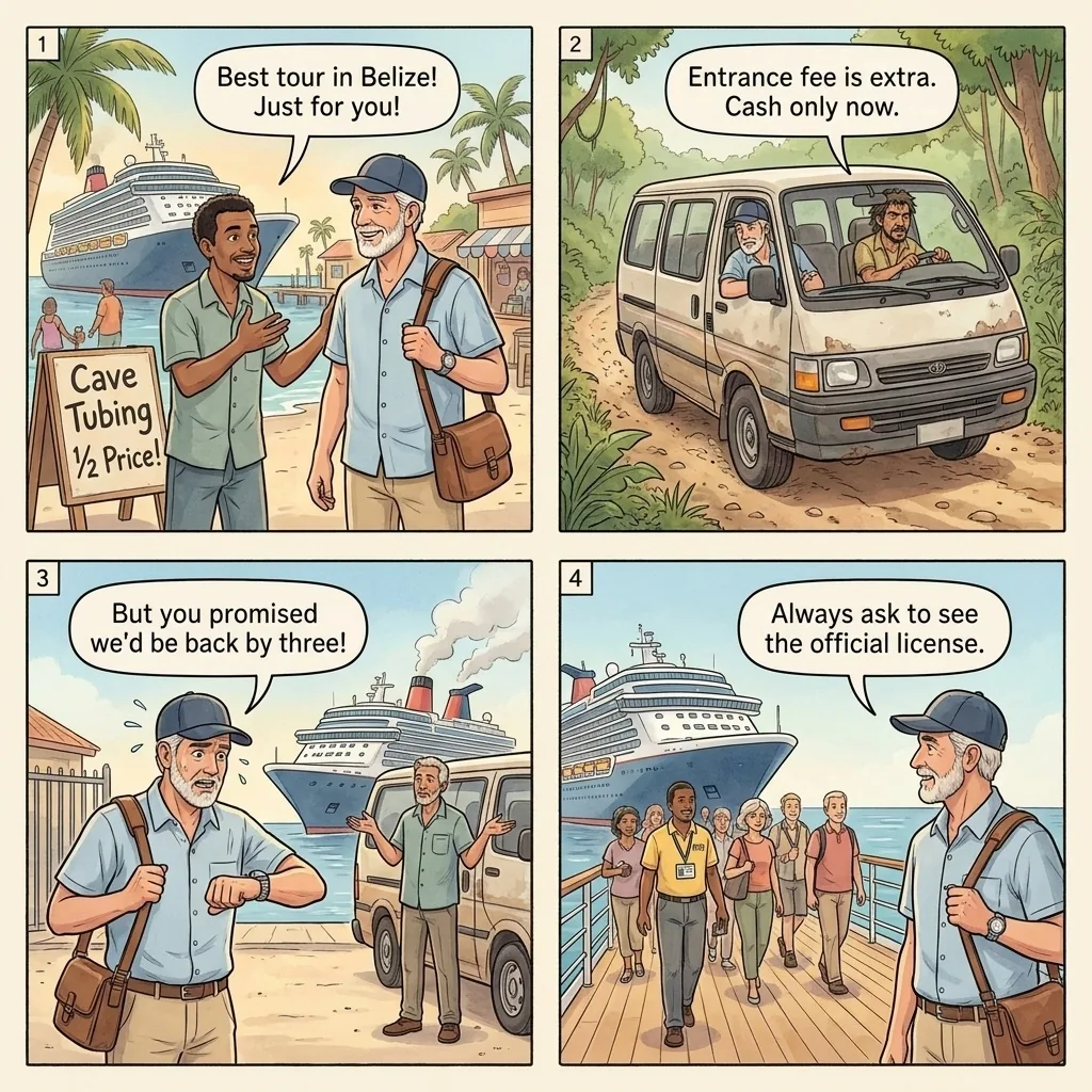 The Cruise Port Unlicensed Tour Guide Hustle — comic illustration
