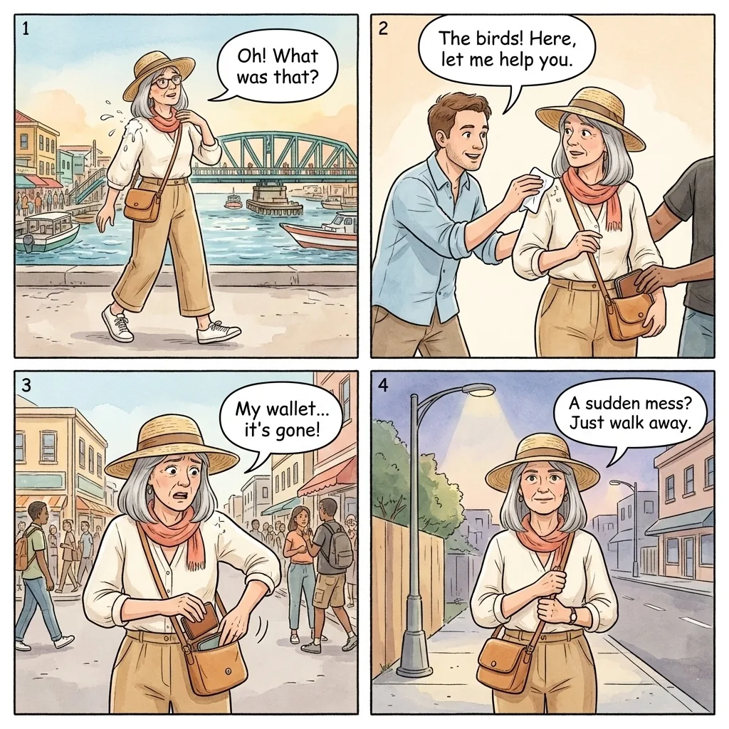The Bird Poop Distraction Pickpocket — comic illustration