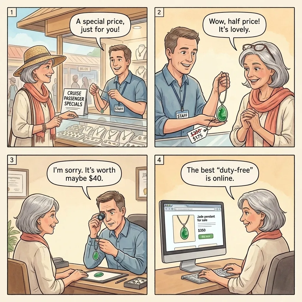 The Cruise Port Jewelry and Souvenir Markup — comic illustration