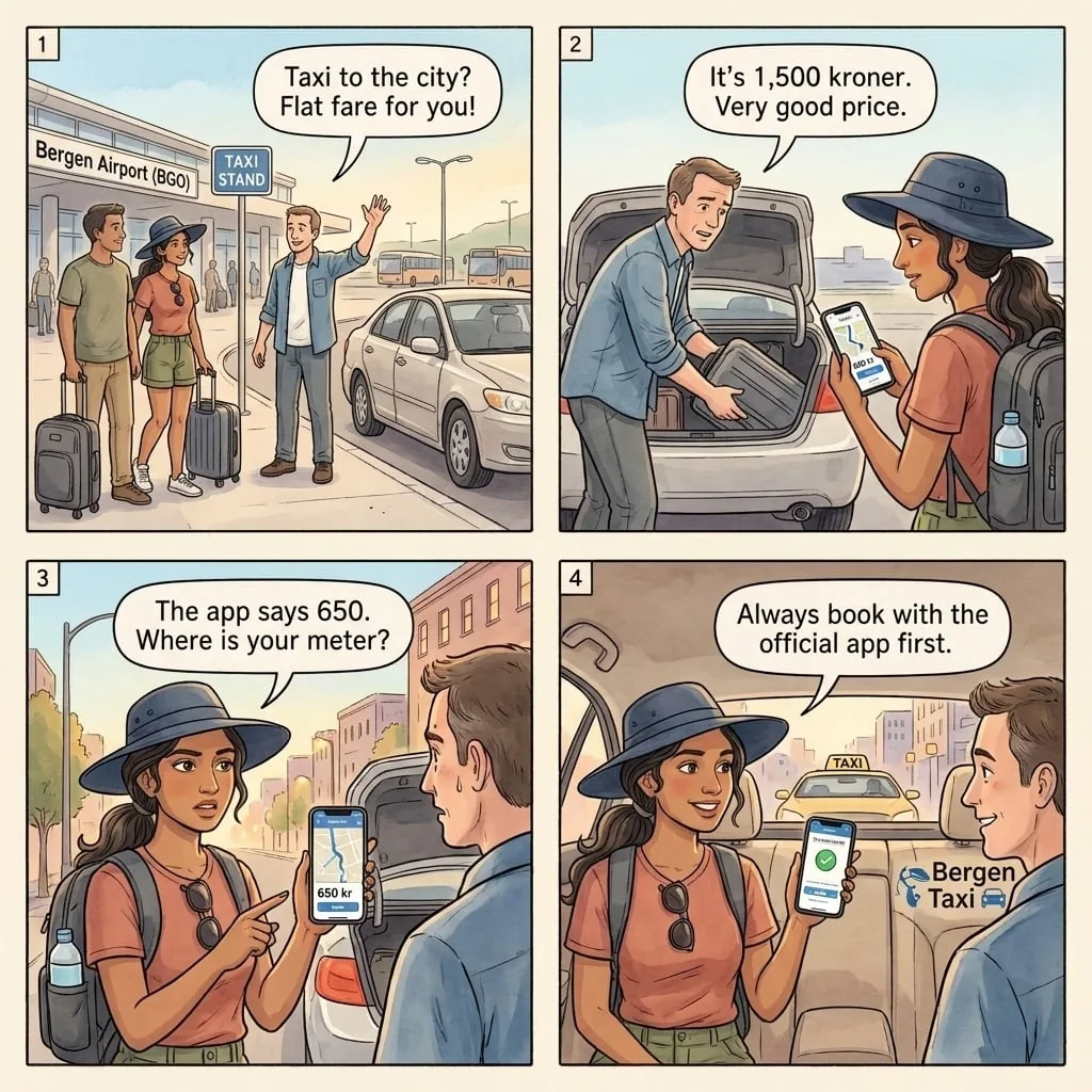 Bergen Unlicensed Taxi Two-to-Three-Times Overcharge — comic illustration