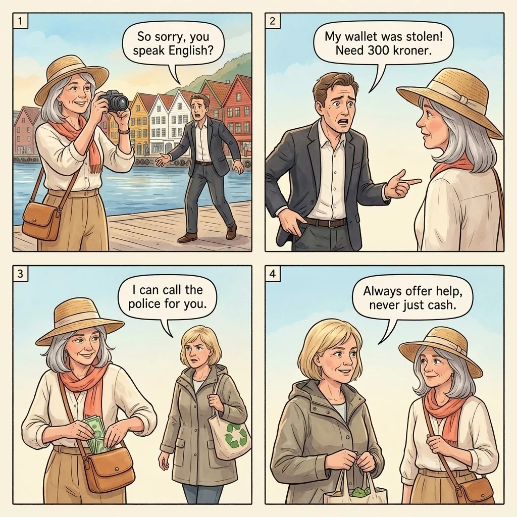 Struggling-Traveler Fake-Hardship Beg — comic illustration