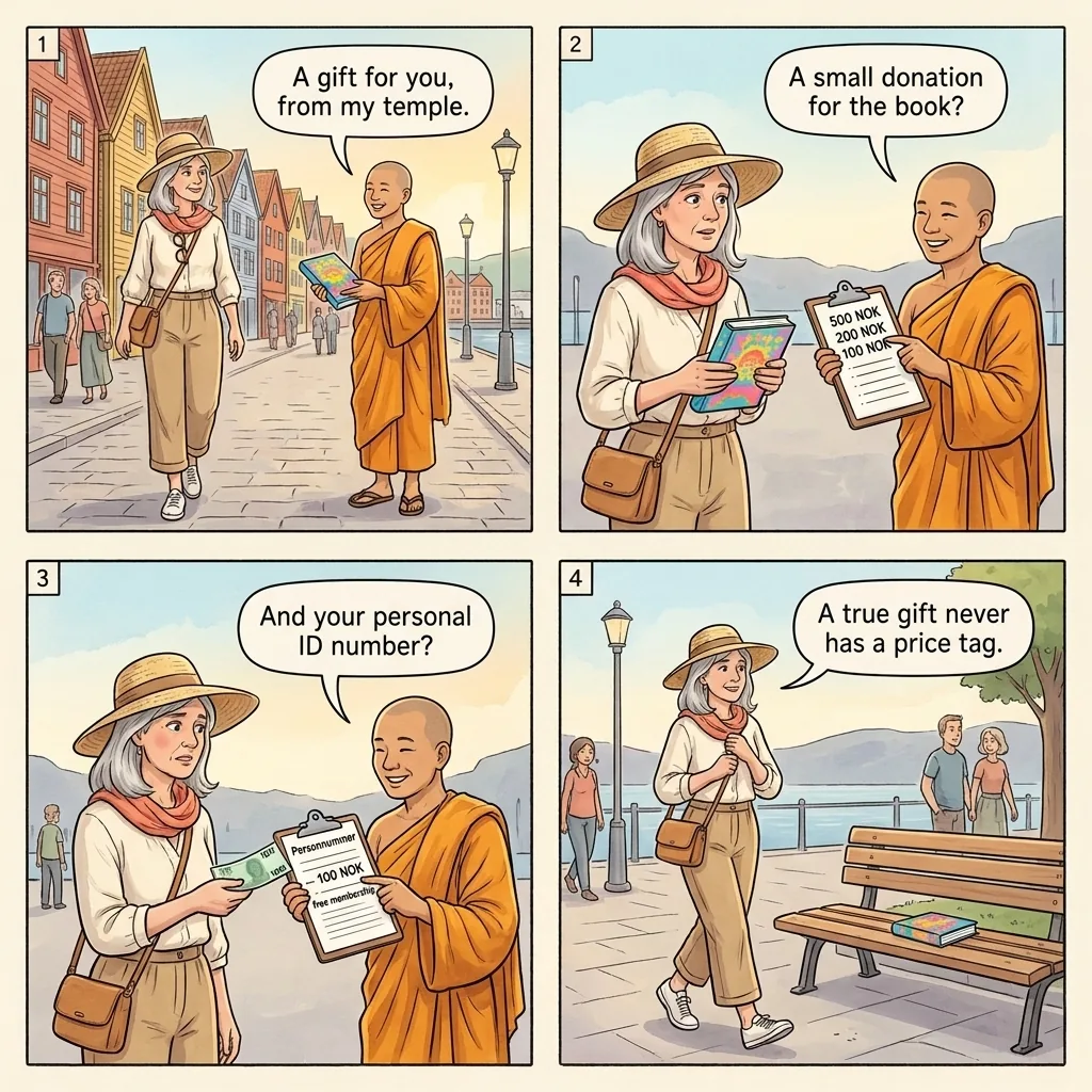 ISKCON Free-Book Donation and ID Capture — comic illustration