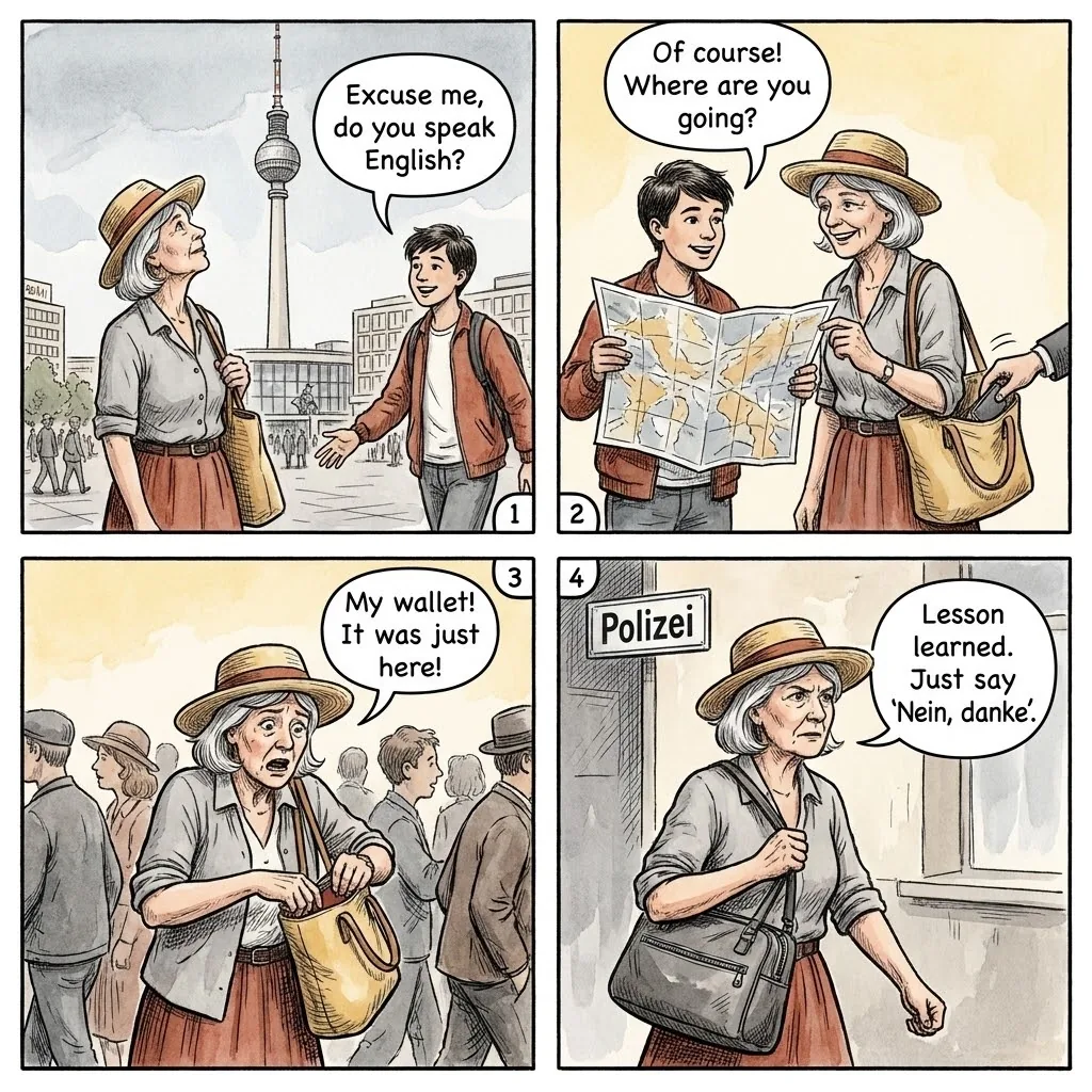 Berlin 'Speak English?' Opener & Alexanderplatz Pickpocket Team — comic illustration
