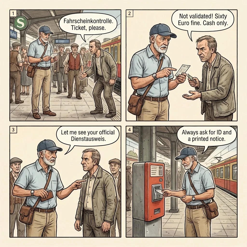 Fake S-Bahn / U-Bahn Ticket Inspector Cash Fine Scam — comic illustration