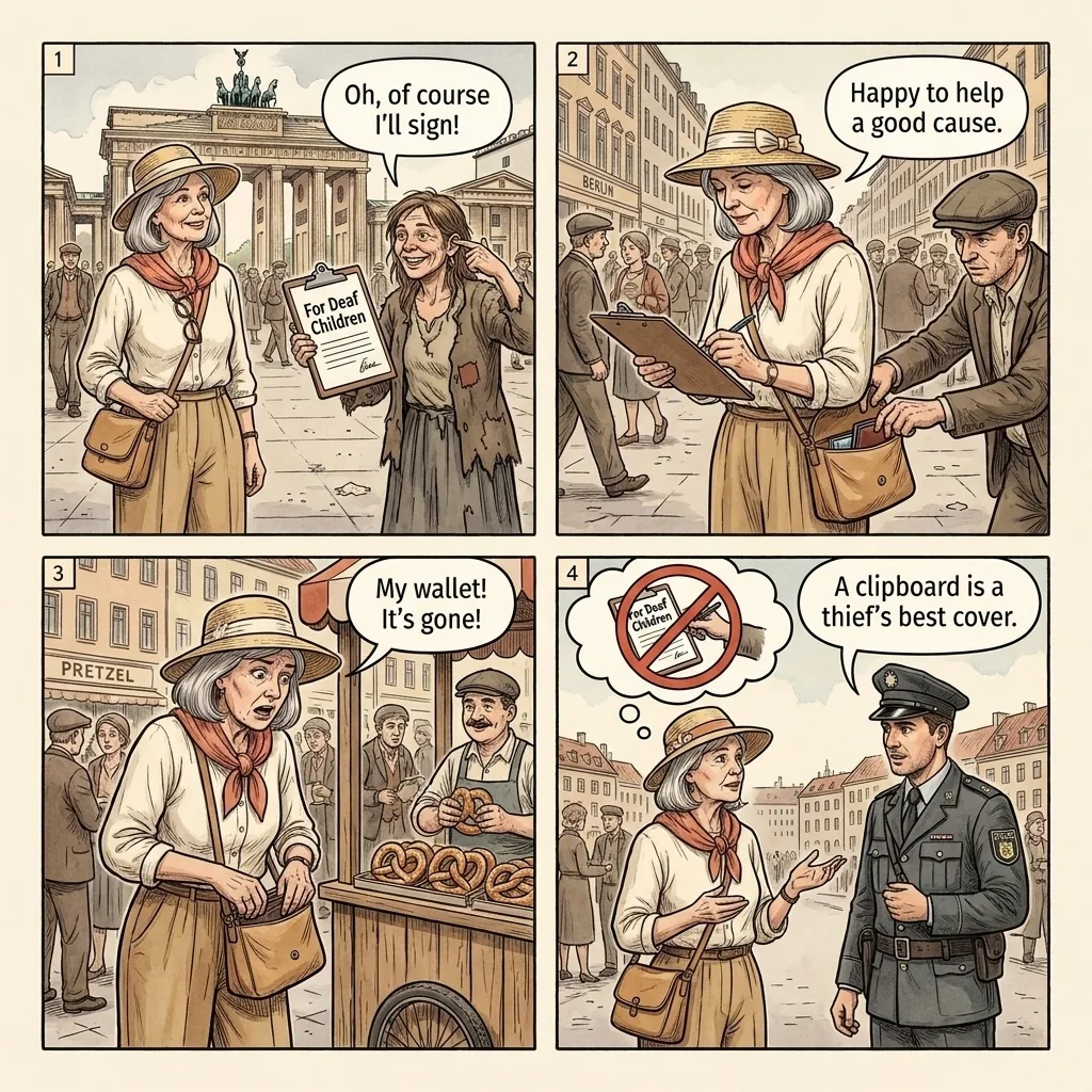 Brandenburger Tor Petition & Bracelet Pickpocket Distraction — comic illustration
