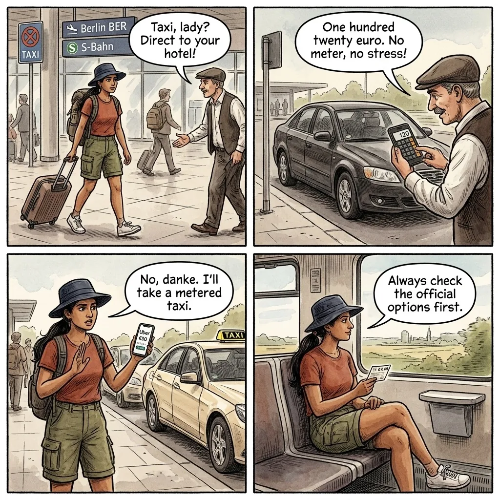 BER Airport Taxi Overcharge & Unlicensed 'Transfer' Touts — comic illustration
