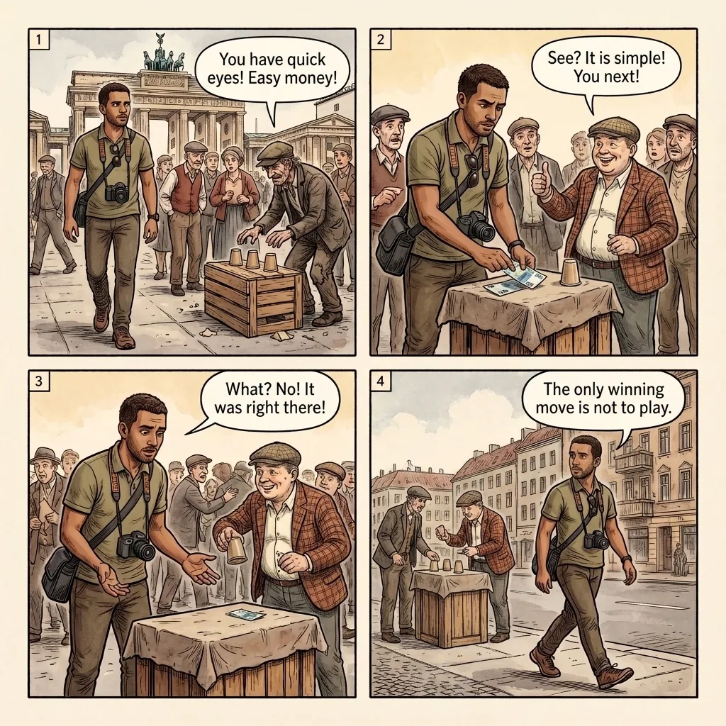 Berlin Shell Game, Three-Card Monte & Street Gambling Hustle — comic illustration