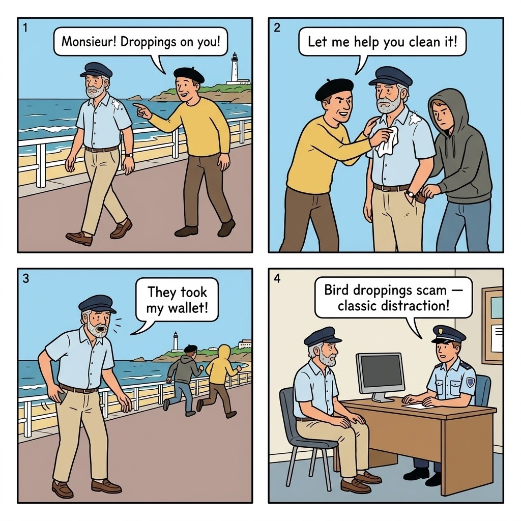 Bird Droppings Pickpocket Scam — comic illustration