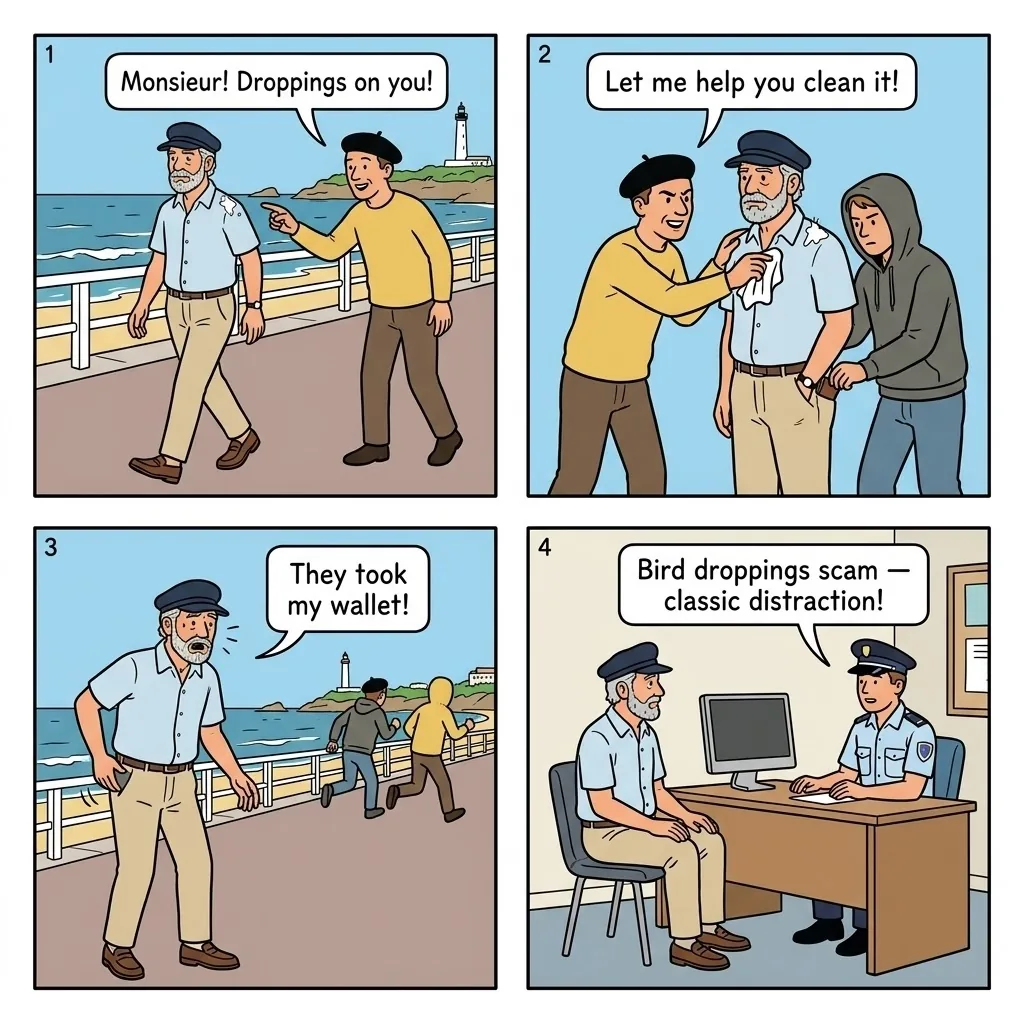 Bird Droppings Pickpocket Scam — comic illustration