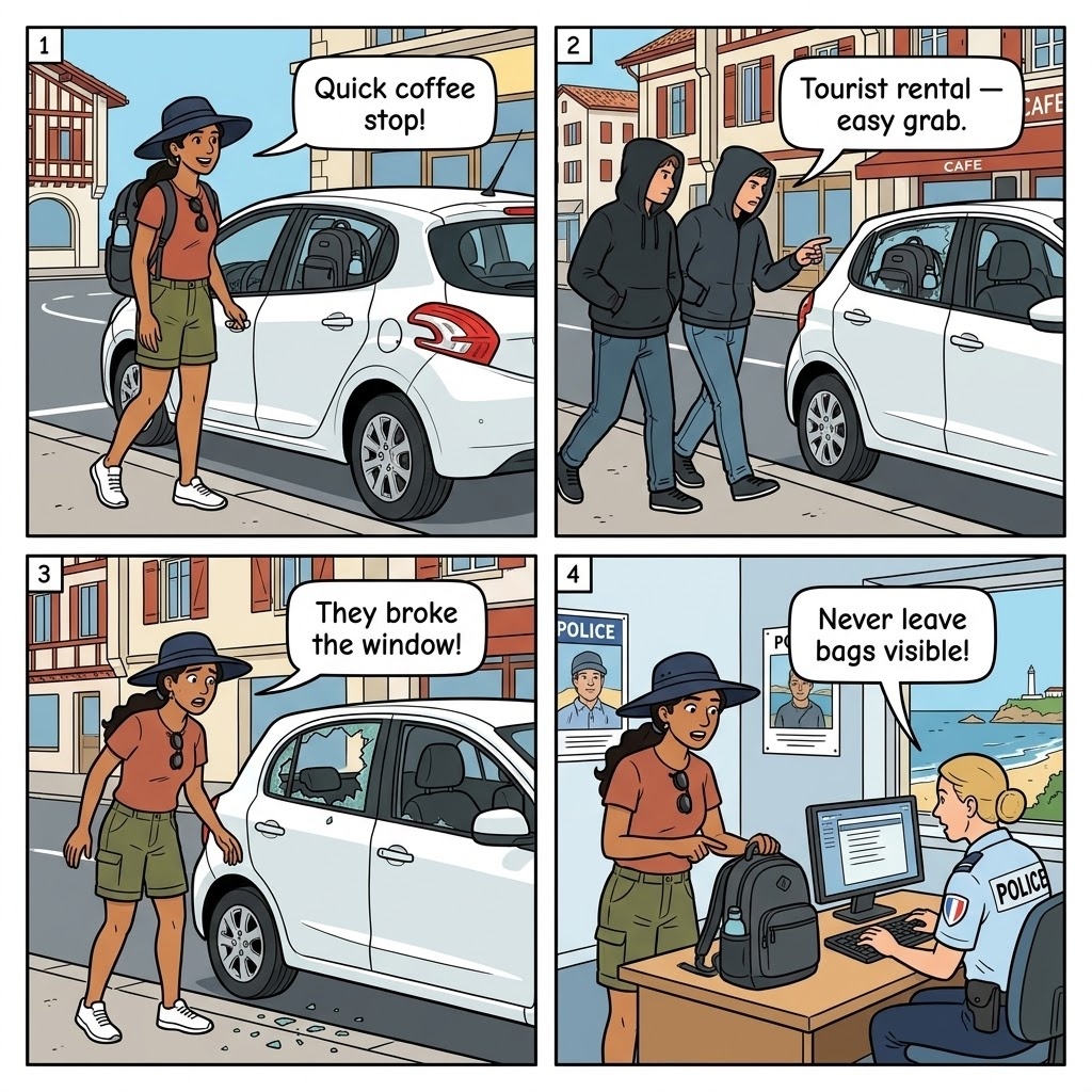 Remote Beach and Parking Lot Car Break-Ins — comic illustration