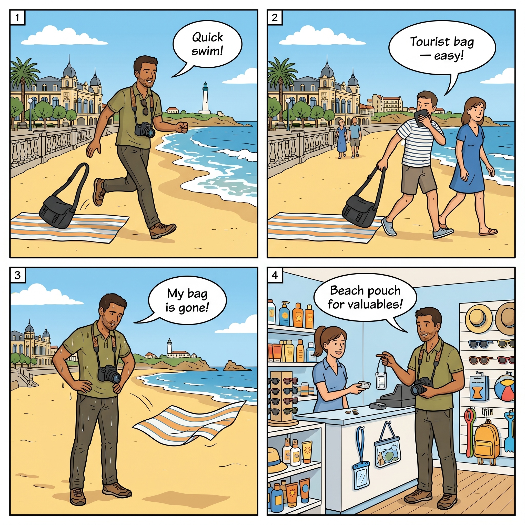 Beach Blanket Theft at Grande Plage — comic illustration