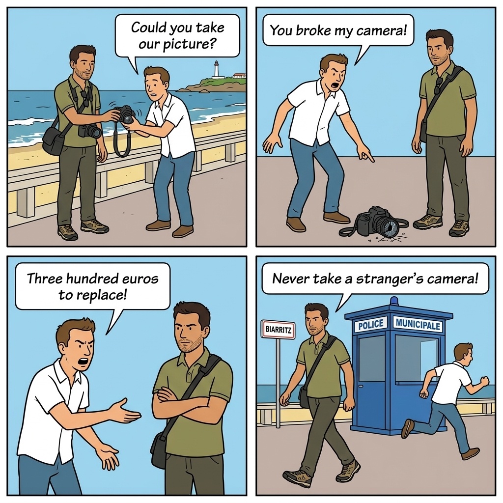 Camera Drop Scam — comic illustration