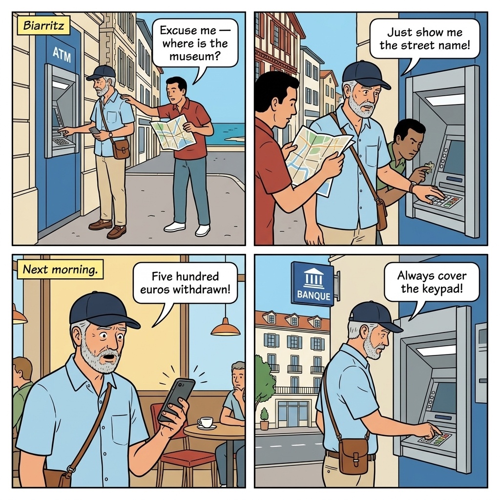 ATM Card Skimming and Shoulder Surfing — comic illustration