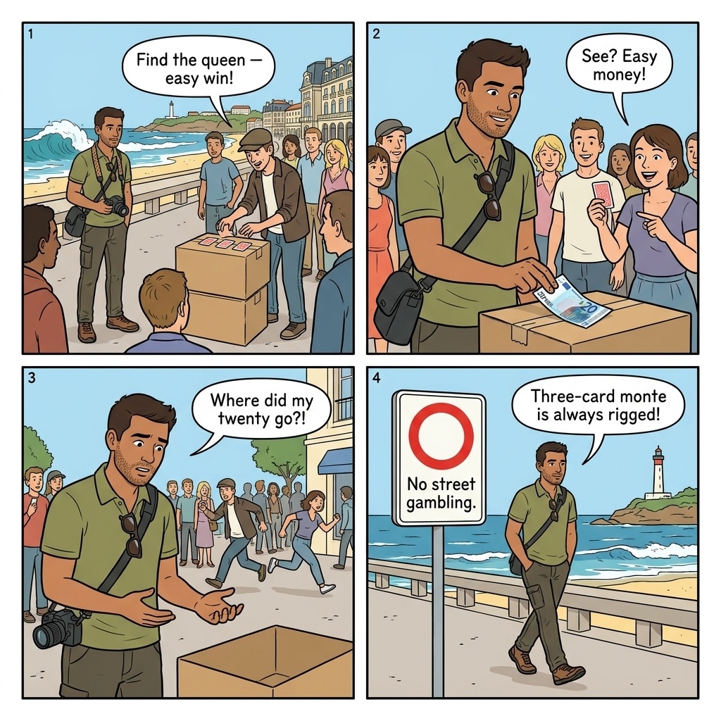 Shell Game and Three-Card Monte — comic illustration