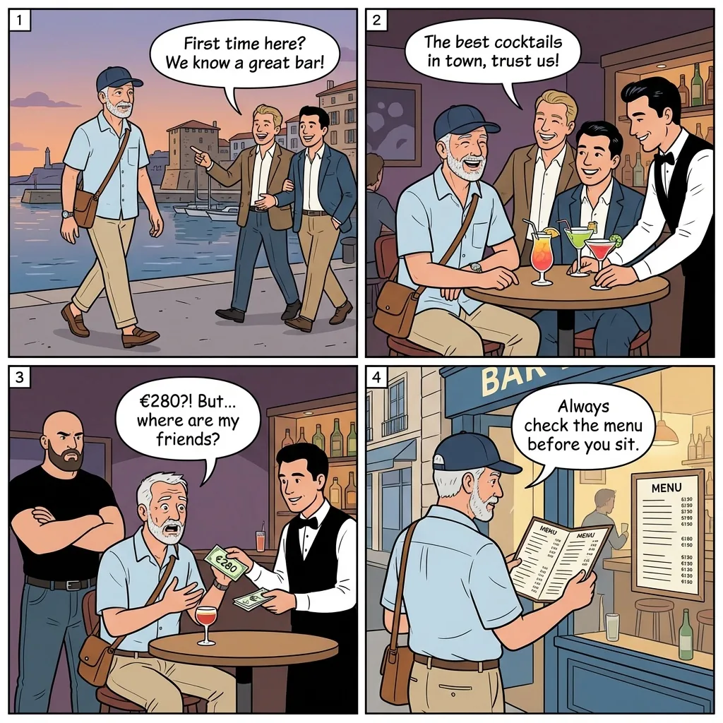 Friendly Bar Overcharging Scam — comic illustration
