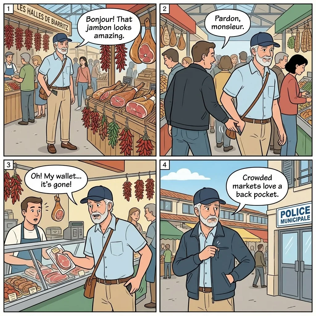 Les Halles Market Pickpocketing — comic illustration
