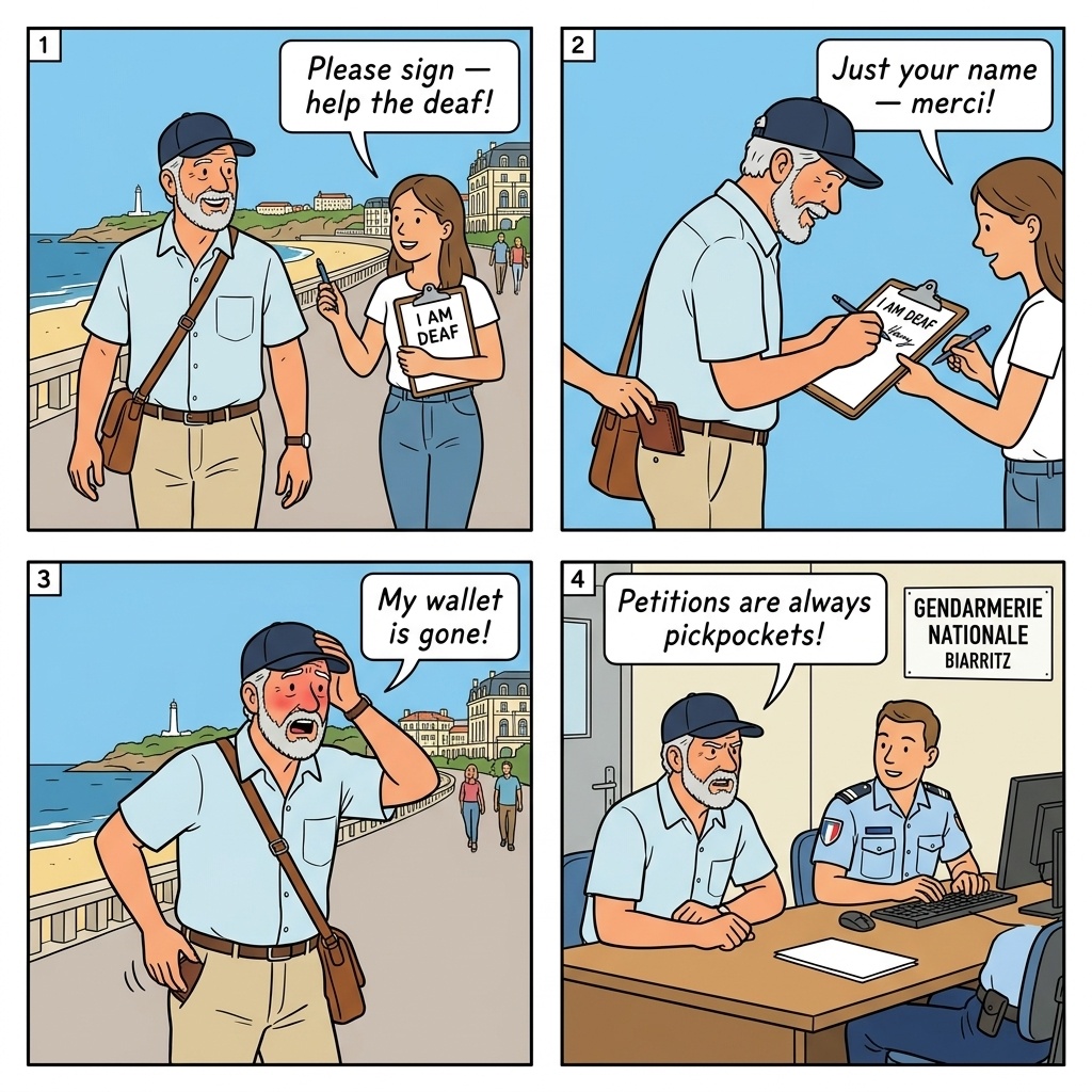 Fake Charity Petition Scam — comic illustration