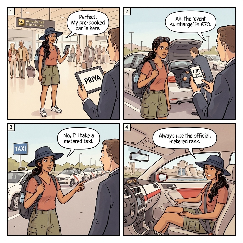 Bilbao Airport & 'Welcome Pickups' Transfer Overcharge — comic illustration