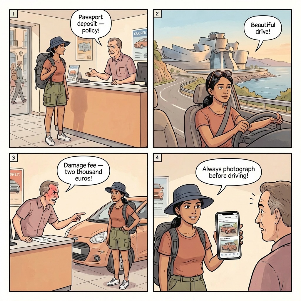 Rental Car 'Scratch Scam' & Bogus Damage Claims — comic illustration